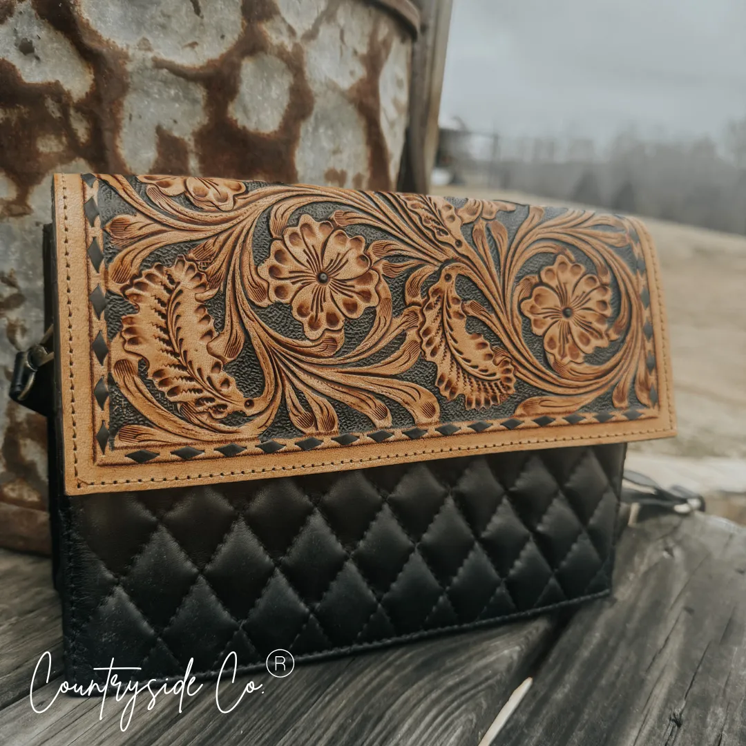 Wyoming Quilted Leather Purse  With Tooled Leather