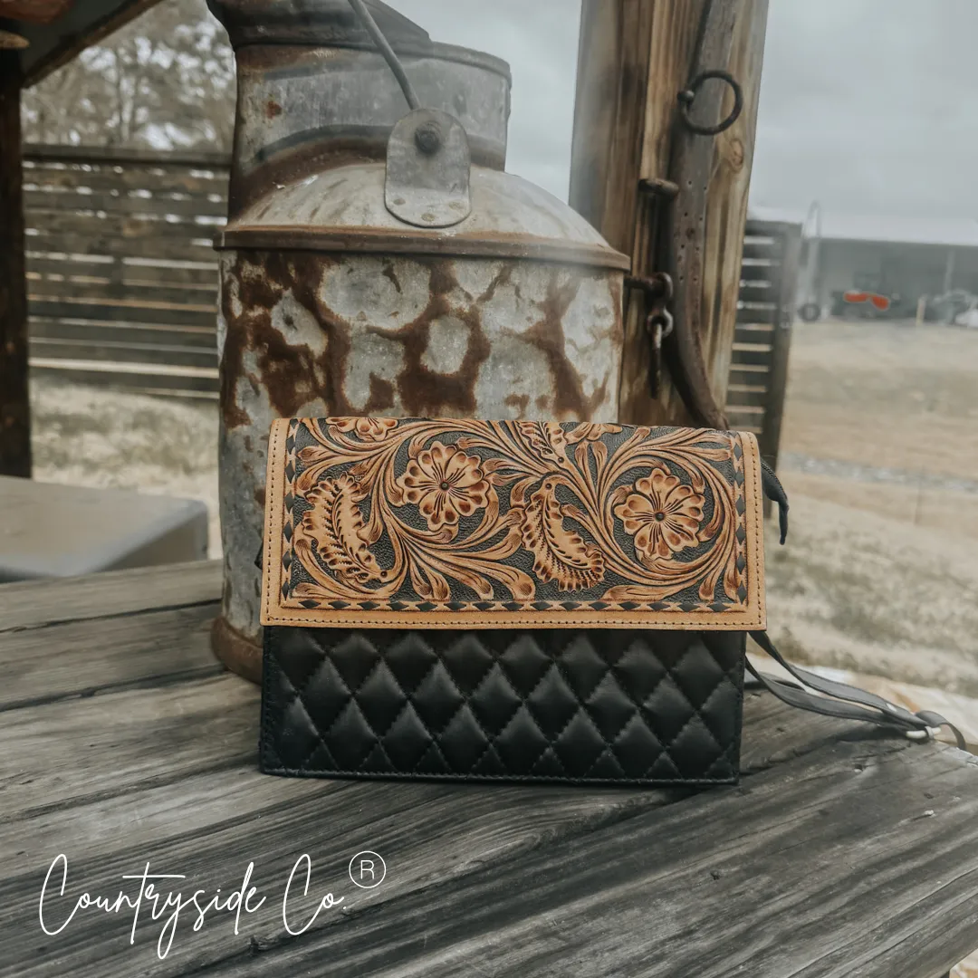 Wyoming Quilted Leather Purse  With Tooled Leather